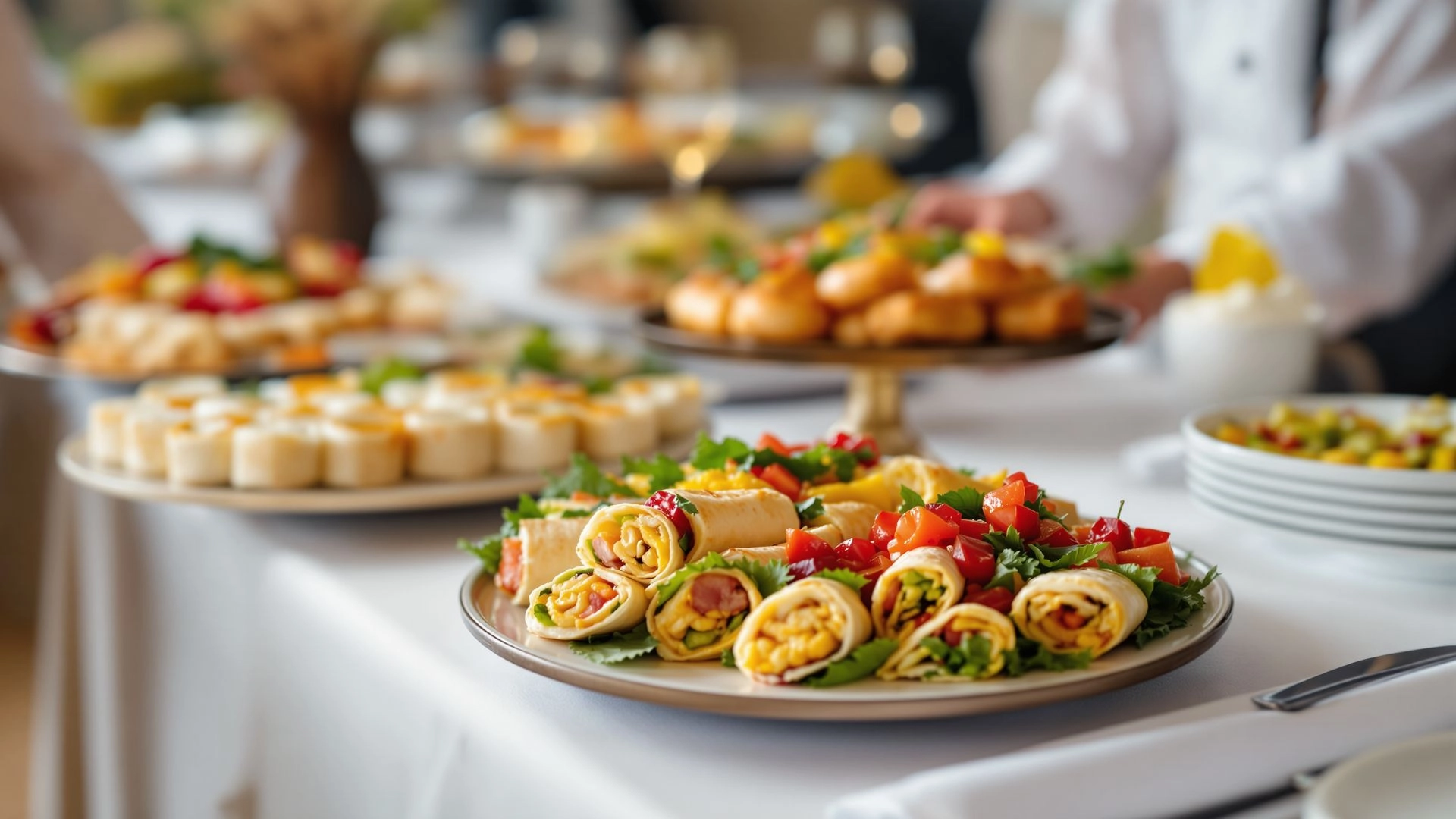 Catering table with platters, wraps, savouries and fresh finger foods prepared for an event by Classique Catering Creations.