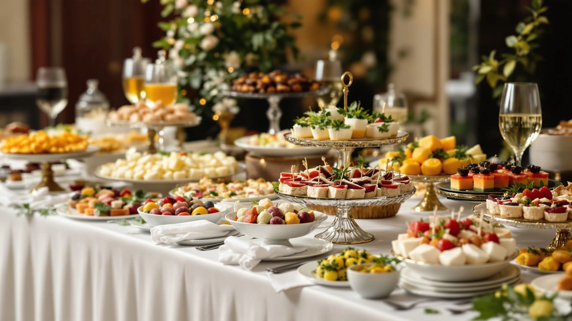 Elegant Halaal catering table with platters, savouries and finger foods for events.