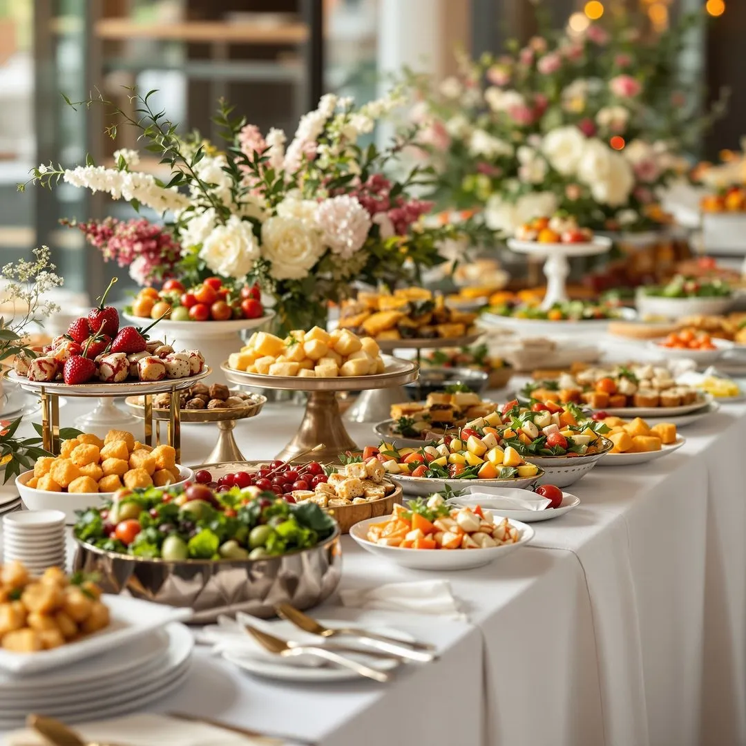 Elegant events catering buffet table with salads, fruit, savouries and desserts for functions in Pretoria and Johannesburg.