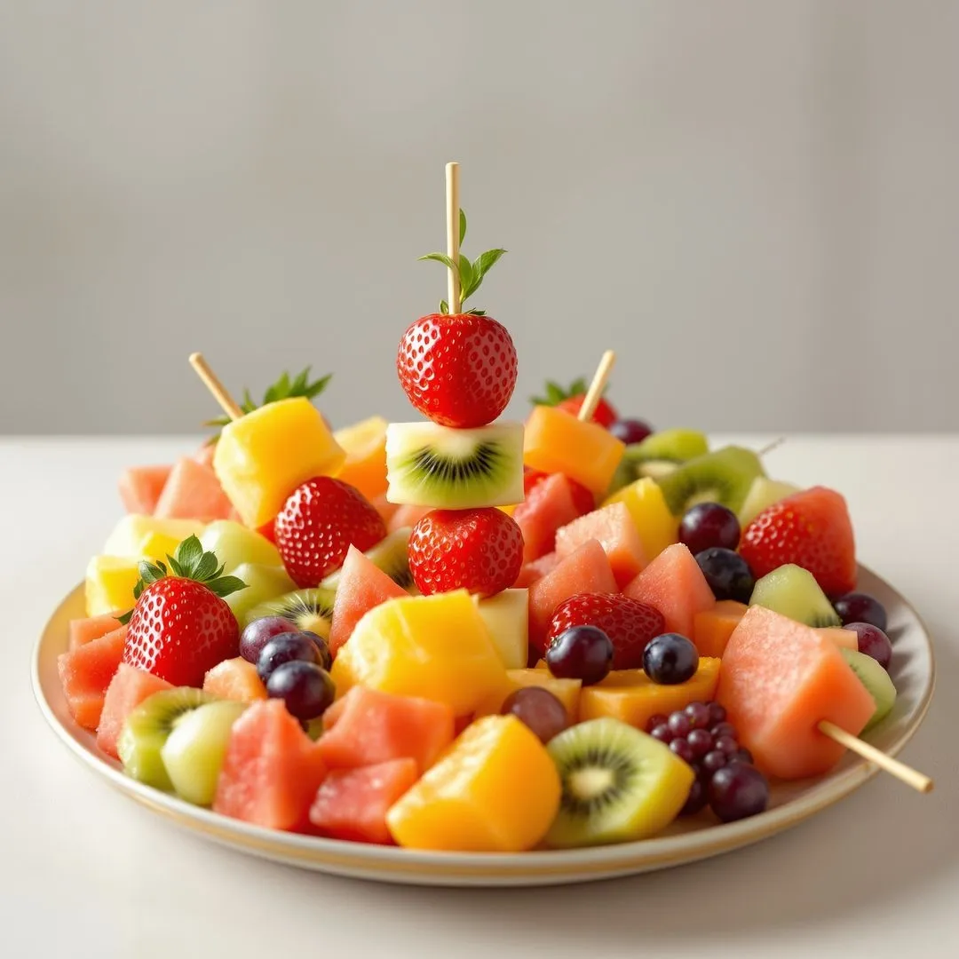 Fresh fruit skewers and colourful fruit platter with strawberries, kiwi, melon, grapes and pineapple for catered events.