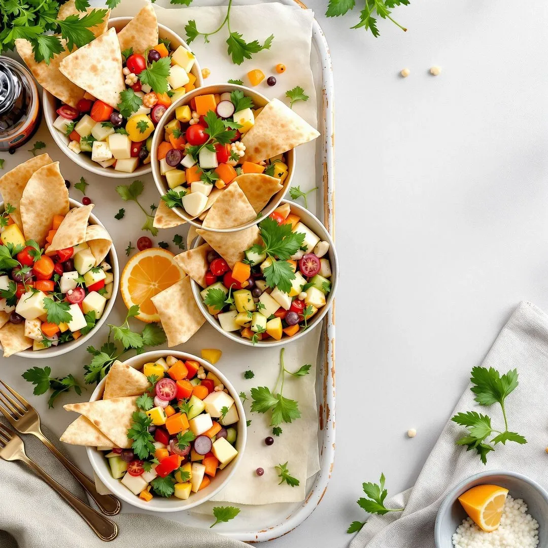 Individual savoury platter bowls with fresh vegetables, cheese, herbs and pita wedges for catered events.