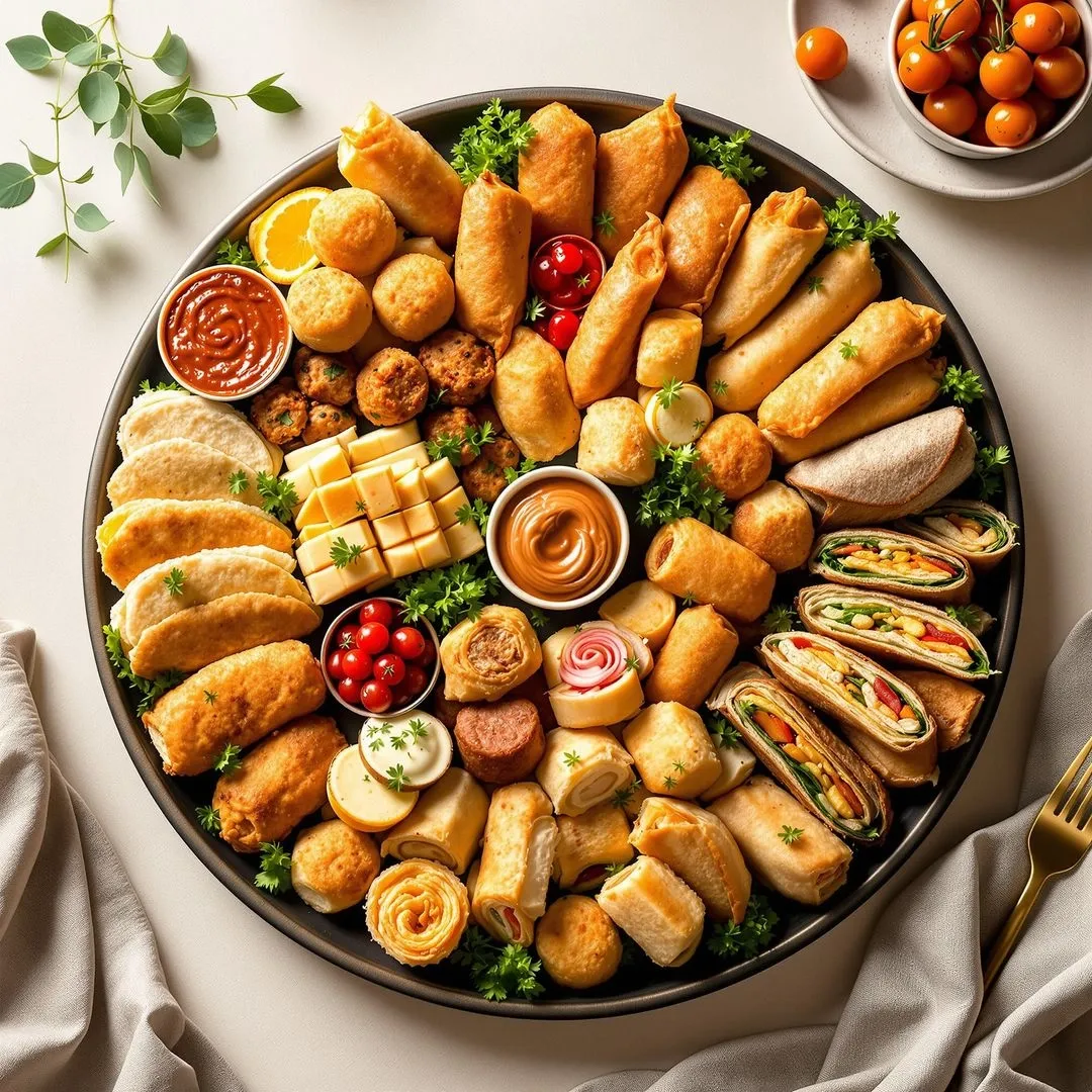 Assorted savoury finger foods platter with samoosas, spring rolls, wraps, pastries and dips for catered events.